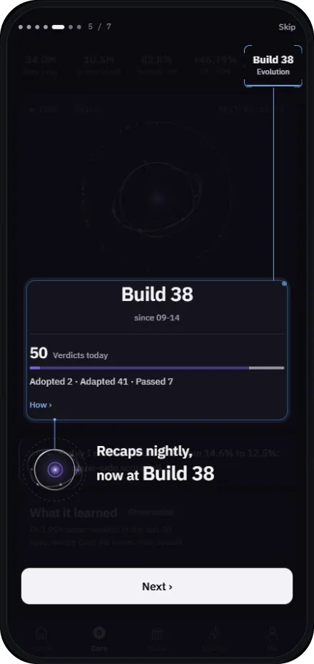 Scheda di evoluzione del Build 38 nell’app di Hedger AI